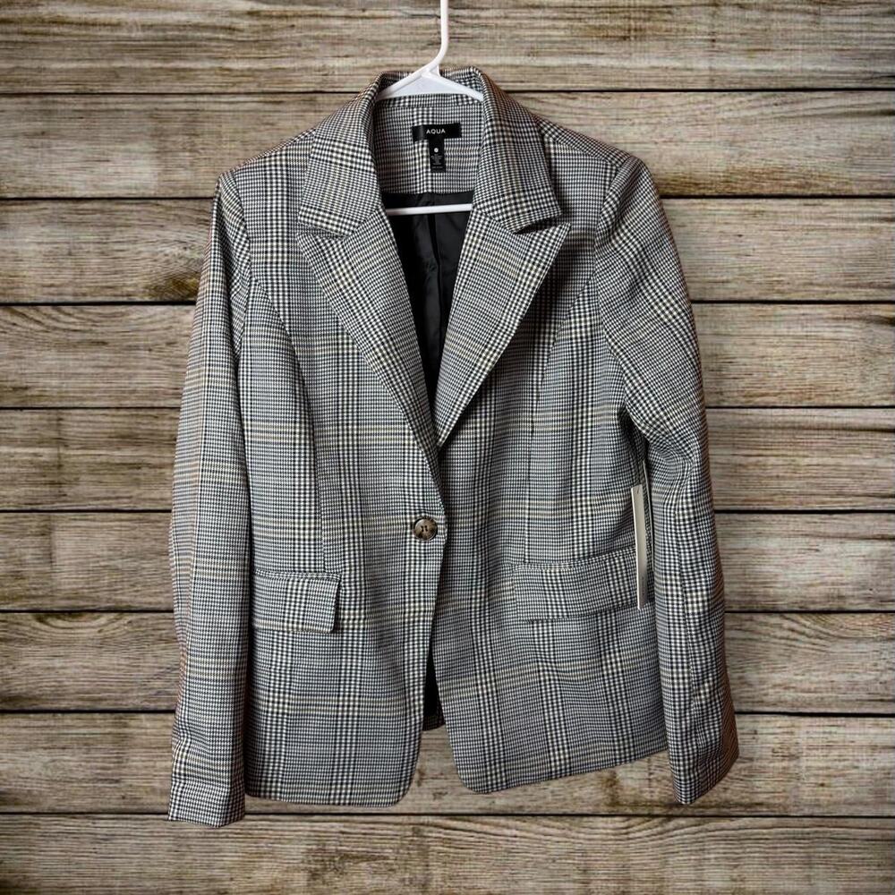 Aqua Black & White houndstooth Academia Office Corporate Swing Jacket Size M